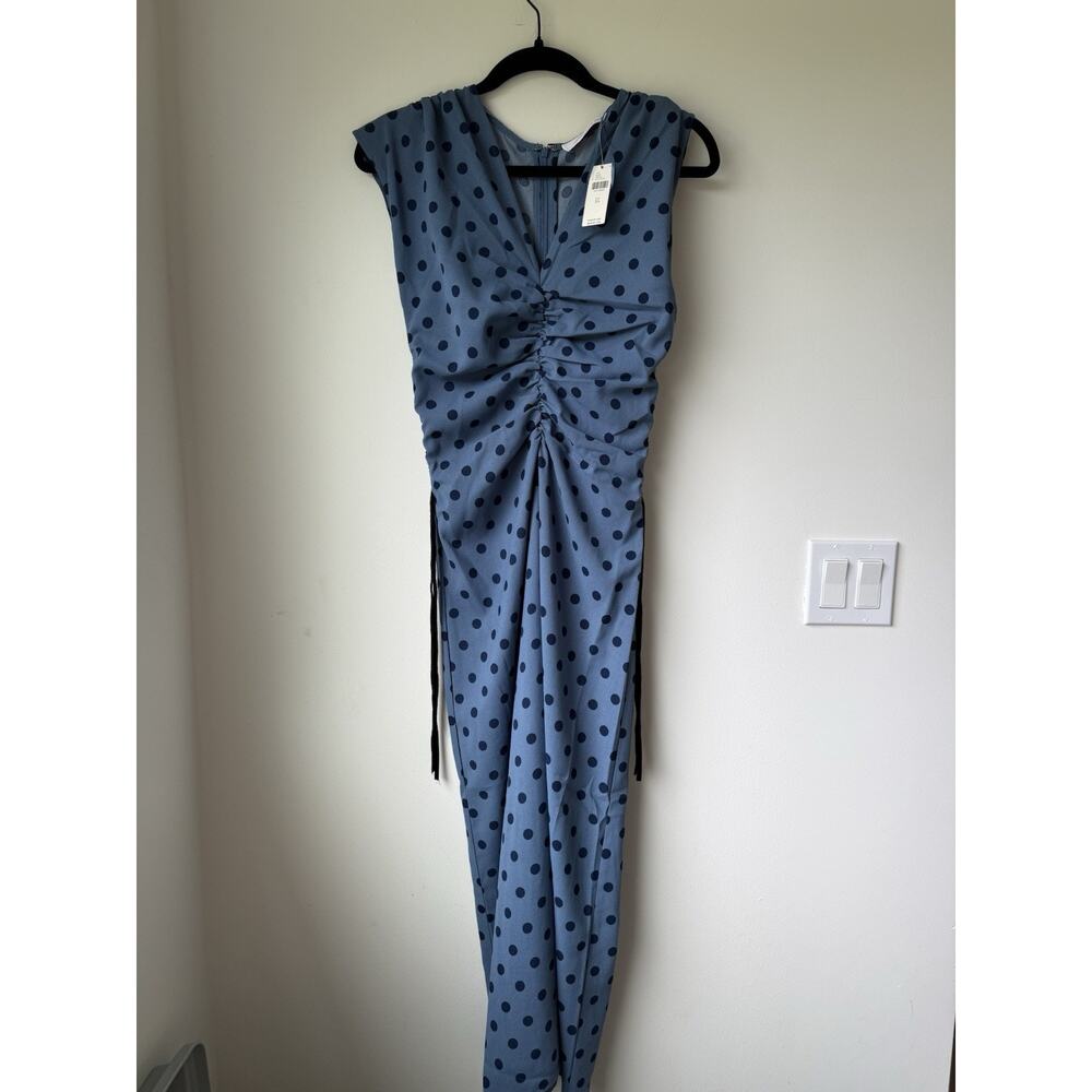 NWT Lisa Says Gah Oxford Dot Ruched Midi Dress Blue Polka Dot XS - Picture 6 of 11